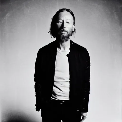Prompt: Thom Yorke, holding the moon upon a stick, with a beard and a black jacket, a portrait by John E. Berninger, dribble, neo-expressionism, uhd image, studio portrait, 1990s