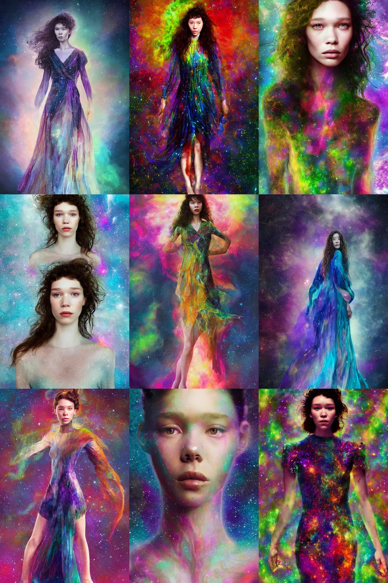 Prompt: masterwork full body portrait. digital illustration of astrid berges frisbey. wearing a dress made out of space. she is fading into the cosmos. fluid, dreamy, ethereal, vivid colours. sharp focus. highly detailed face. wow! digital art. lightroom. cinematic lighting. trending on artstation.