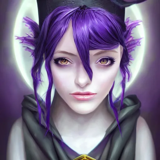 Prompt: Full-body Portrait of a young female occult magician with dark purple hair, pale skin, extra large witch hat, character design, well-endowed, realistic face, symmetrical face, digital painting, anime visual style, game art, soft lighting, tonemapping, highly detailed, sharp focus, realism, vibrant colors, ArtStation, trending on ArtStation, DeviantArt, Zeronis