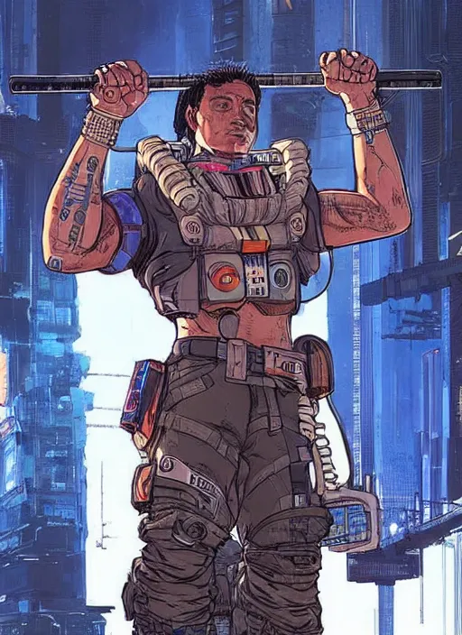 Image similar to hector. apex legends cyberpunk weight lifter. concept art by james gurney and mœbius. cinematic, dramatic lighting ( cyberpunk 2 0 7 7 ), clean aesthetic