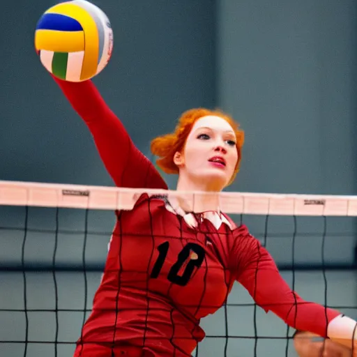 Prompt: Christina Hendricks as volleyball player, body, realistic,
