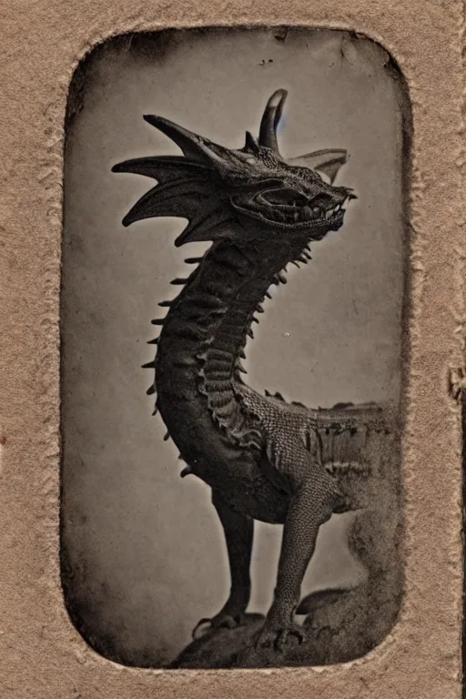 Prompt: a tintype photo of a dragon