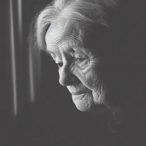 Image similar to black and white photograph portrait of a depressed beautiful old woman standing by the window, natural light, lomo, fashion photography, film grain, soft vignette, sigma 85mm f/1.4 1/10 sec shutter