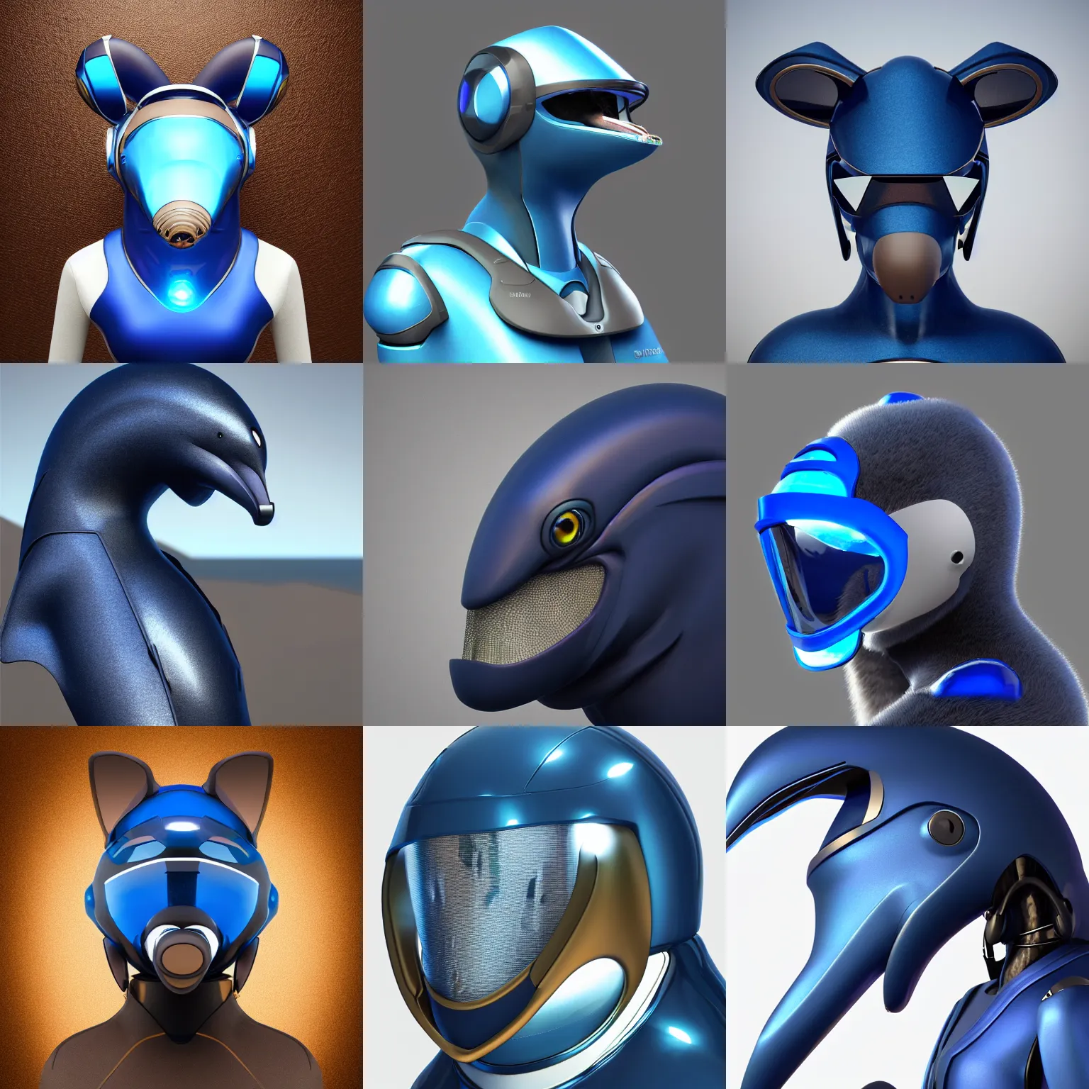 Prompt: very very beautiful furry art, bust profile picture of a robotic anthro bottlenose dolphin made of dark blue metal, visor screen for face, truncated snout under visor, round shapes, commission on furaffinity, cgsociety, octane render