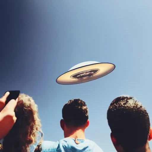 Image similar to a group of people looking at a ufo in the sky, shot on an iphone 1 3