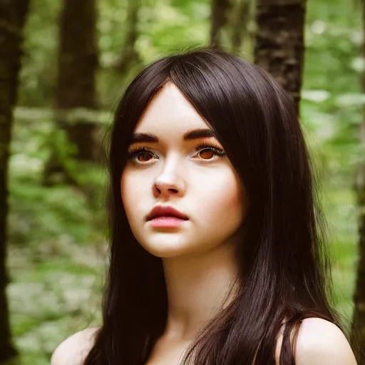 Image similar to real life photo of a beautiful girl, full body photoshoot, long black hair, full round face, short smile, brown shirt, forest setting, cinematic lightning, medium shot, mid - shot, highly detailed, trending on artstation, iso 2 0 0, f 1. 4, 8 0 mm, 8 5 mm, natural light