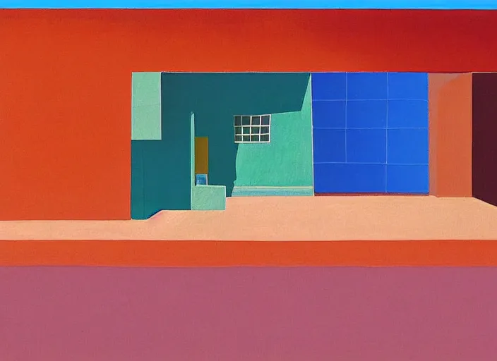 Prompt: painting of a frank lloyd wright house in the california desert by david hockney