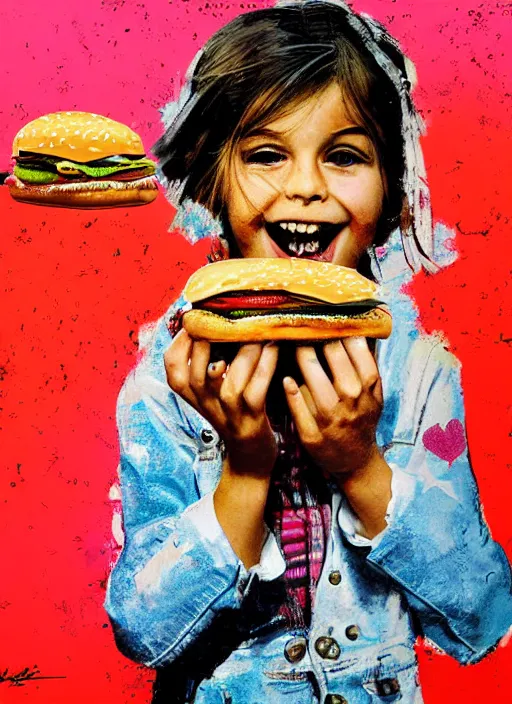 Prompt: Digital art by mr brainwash of a little girl really happy with a burger in her hands
