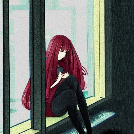 Image similar to girl sitting nearby a windowing, rainy outside, detailed, very anime, very fine face, strong lighting, by great artists.