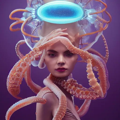 Prompt: Full body photo of the most beautiful goddess, she has a jellyfish octopus head's, by Tooth Wu, trending on Artstation, digital art, symmetrical artwork, cinematic, hyper realism, high detail, octane render, 4k, 8k