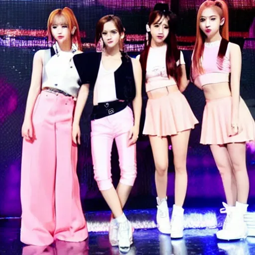 Image similar to Emma Watson as Kpop idol girl group Blackpink; She is dancing on the stage; Wearing girlish Suits