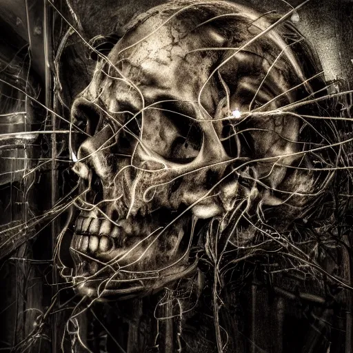 Image similar to a dark occult ritual of wires skulls skin and decay, moody, hyperrealism, 8 k photo, atmospheric