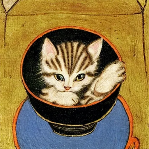 Image similar to baby kitten on a bowl of soup, medieval art