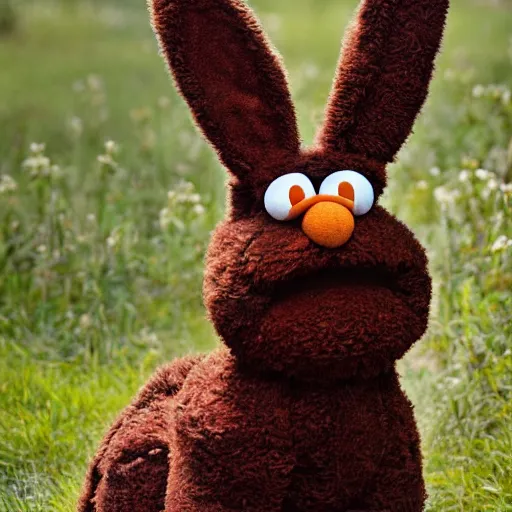 Image similar to a fluffy brown furred elmo with big soft rabbit ears wearing a karate uniform out in nature, photography, photorealistic, muppet, national geohraphic