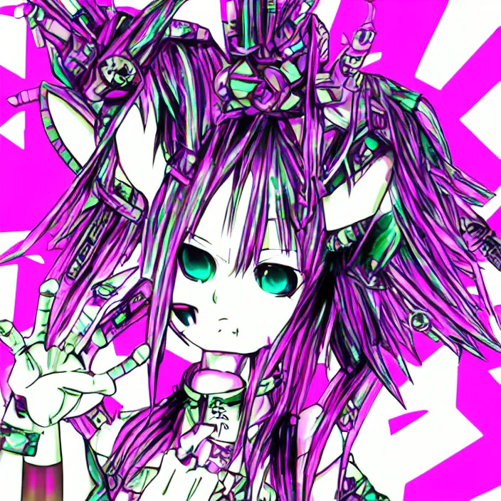 Image similar to maximalist emo anime girl, cybergoth, rainbowcore, vhs monster high, glitchcore witchcore, checkered spiked hair, pixiv