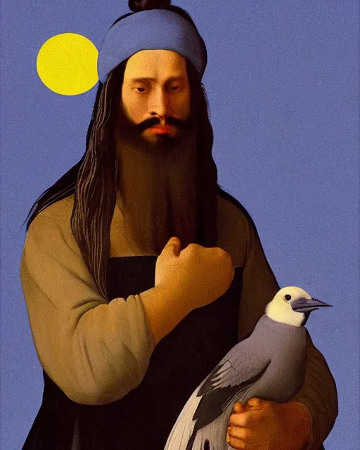 Image similar to portrait of a man with long black hair and beard holding a bird in his hands, full moon in the background, fine portrait, beautiful, concept art, by jan vermeer, style of tomer hanuka