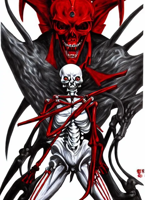 Prompt: shin megami tensei art of a demon that is a skeleton soviet soldier from 1 9 2 0 s, art by kazuma kaneko, demonic! compedium!, law aligned, digital drawing, white background, very high quality, very highly detailed