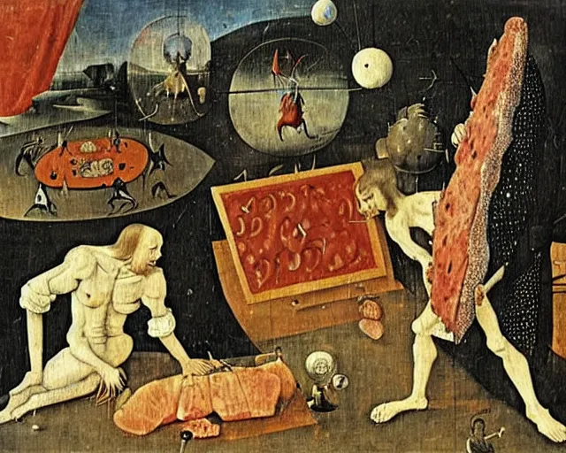 Image similar to a hieronymous bosch painting of barry chuckle faking the first meat planet landings in a sound stage in nevada