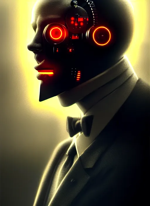 Image similar to man with cybernetic enhancements, wearing a suit! detailed face with mask, scifi character portrait by greg rutkowski, esuthio, craig mullins, 1 / 4 headshot, cinematic lighting, dystopian scifi gear, gloomy, profile picture, mechanical, half robot, implants, steampunk