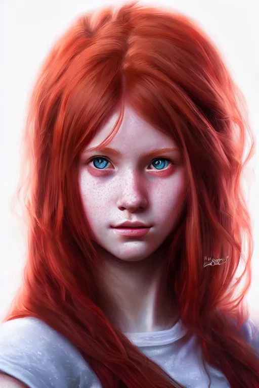 Image similar to ultra realistic style illustration of a cute red haired teen girl, 1 9 year old, sci - fi, fantasy, intricate, elegant, highly detailed, digital painting, artstation, concept art, smooth, sharp focus, illustration, 8 k frostbite 3 engine, ultra detailed