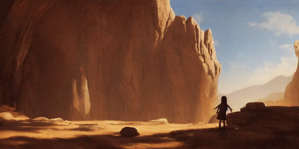 Prompt: a young girl stands next to a stone giant, shadow of the colossus, in front of a temple, in a large desert cave, dramatic lighting, hudson river school