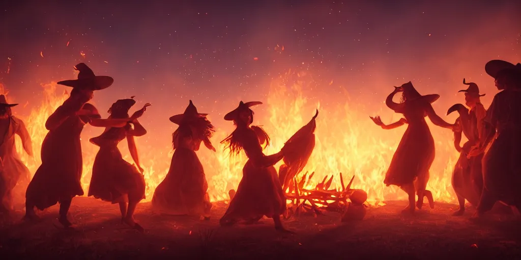 Prompt: a bonfire with a witch on fire, and other witches dancing around, artstation, cinematic lighting, epic scene, rim light, exquisite lighting, clear focus, very coherent, plain background, soft painting, photorealistic, unreal engine 5, 8 k
