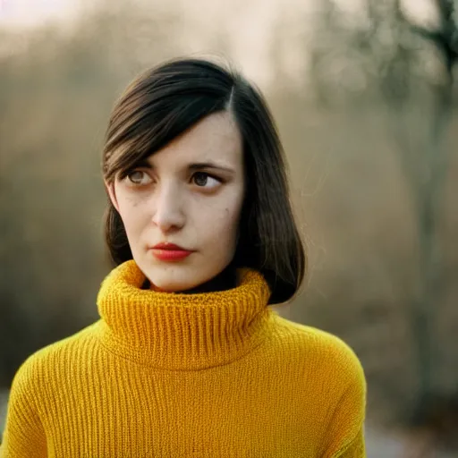 Image similar to a portrait photography of a woman wearing a yellow knitted turtleneck sweater that covers half her face. long hair. agfa vista 4 0 0 film. detailed. depth of field. cinematic. lens flare. grainy film. warm light.