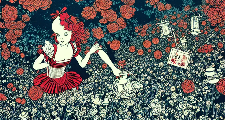 Prompt: alice in wonderland still frame by yuko shimizu, tee party by yuko shimizu