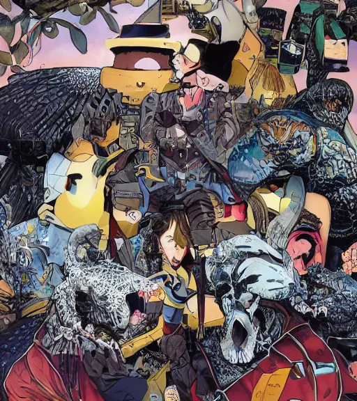 Image similar to portrait, nightmare anomalies, leaves with yakuza by miyazaki, violet and pink and white palette, illustration, kenneth blom, mental alchemy, james jean, pablo amaringo, naudline pierre, contemporary art, hyper detailed