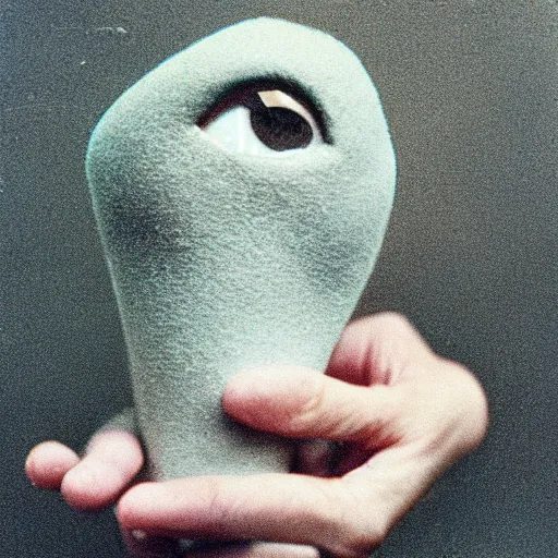 Image similar to a hand that is realistic but also has eyes and little feet at the fingertips, many fingers, it's wearing a cute little hat, old photo, expired color film, 1975