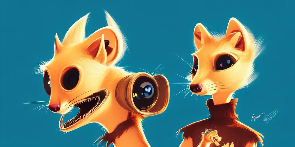 Image similar to curved perspective, extreme narrow, extreme fisheye, digital art of a female marten animal cartoon character wearing jewlery with blonde hairstyle by anton fadeev from nightmare before christmas