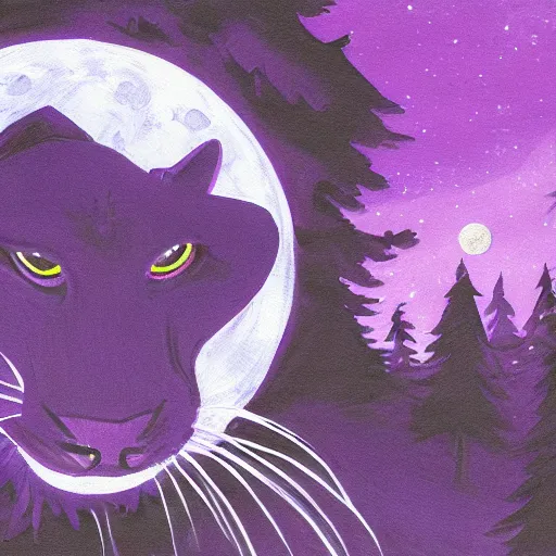 Prompt: closeup of a purple panther roaring at the moon in the forest. night. large moon in the center. cinematic. painting. concept art.