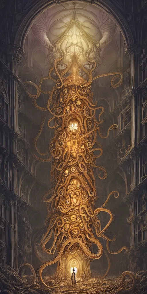 Image similar to group of mankind species mages with big octopus heads and a lot of translucent jellyfishes floating around inside an ancient mage castle hall colossal scale, gothic and baroque, brutalist architecture, ultradetailed, Intricate by Ellen Jewett and Josan Gonzalez and Giuseppe Arcimboldo