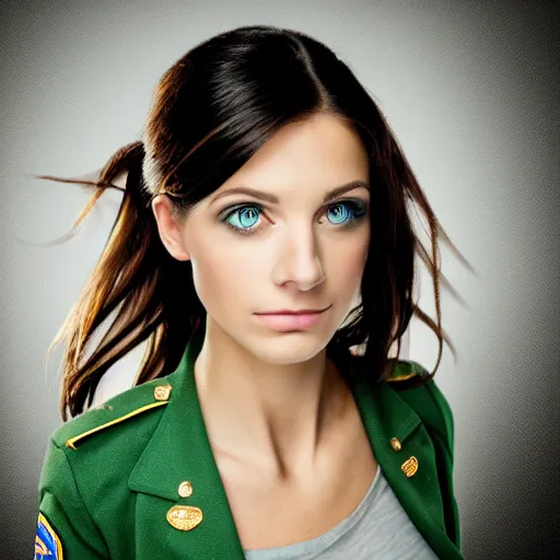 Image similar to portrait of young woman, green eyes, brunette, flipped out hair, officer uniform