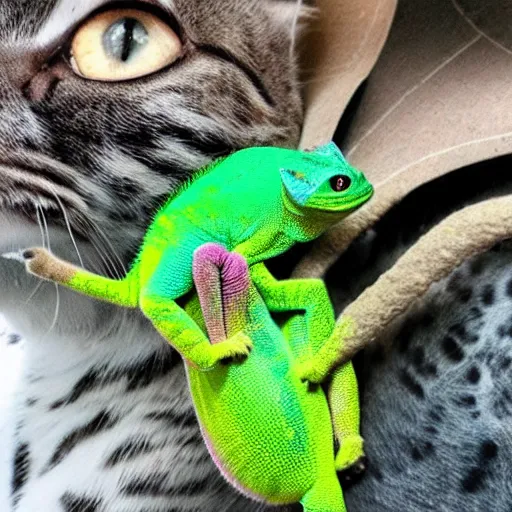 Image similar to photo of a cat and chameleon best friends