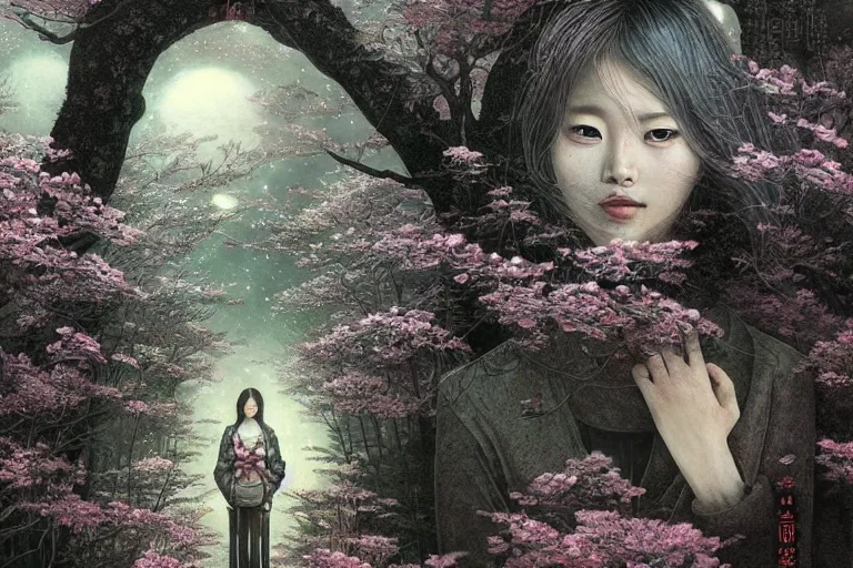 Image similar to Lee Jin-Eun by Andrew Ferez, rule of thirds, seductive look, beautiful, in intergalactic HQ with sakura trees