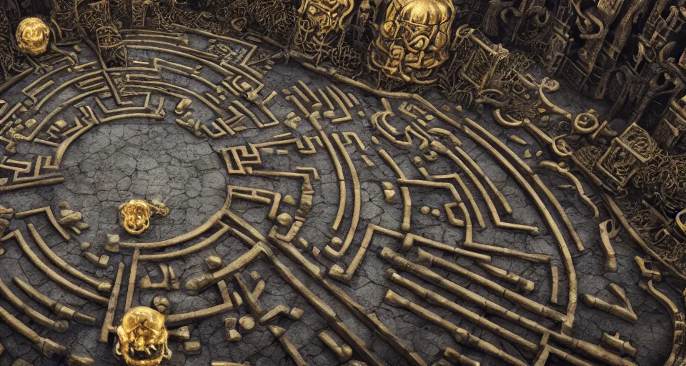 Image similar to circular bone labyrinth made out of gigantic monster bones, art deco medieval style, grimdark vibes, golden skeleton statue in center of labyrinth, abandoned vibes, gloomy moody clouds, god sun rays, complimentary color scheme, G liulian Art style, dynamic lighting, highly detailed, cinematic landscape, octane render, unreal engine