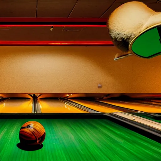 Image similar to cinematic photo of a giant taxidermized furry green crab in a bowling alley