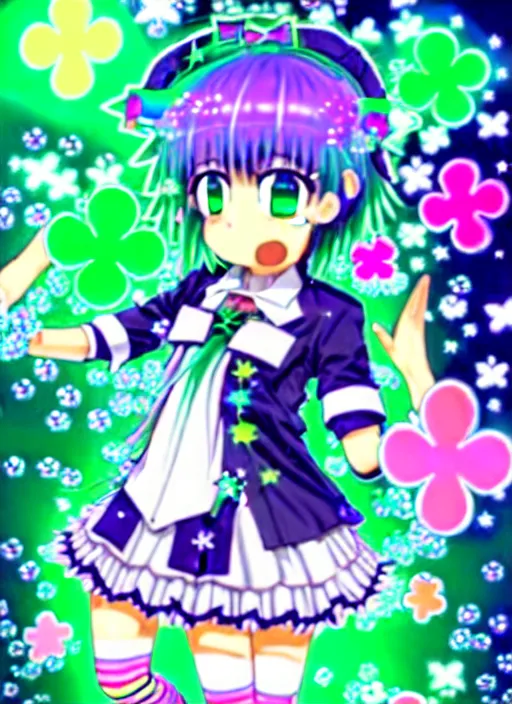 Image similar to a hologram of moe styled green haired yotsuba koiwai crossed fingers, wearing a gothic lolita decora spiked jacket, background full of lucky clovers and shinning stars, holography, irridescent