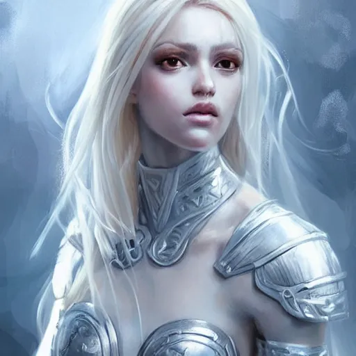 Image similar to fantasy woman, long blonde hair, white armor, highly detailed, perfect facial detail, beautiful, elegant, high fantasy, style of artgerm, rutkowski, giacometti,