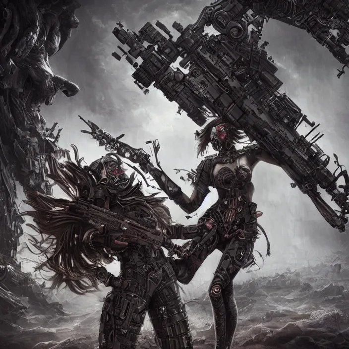 Prompt: apocalyptic woman attached to machine weaponry, hyper - detailed, smooth, sharp focus, 4 k ultra hd, fantasy dark art