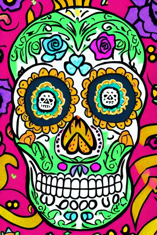 Image similar to illustration of a sugar skull day of the dead girl, art by meow wolf