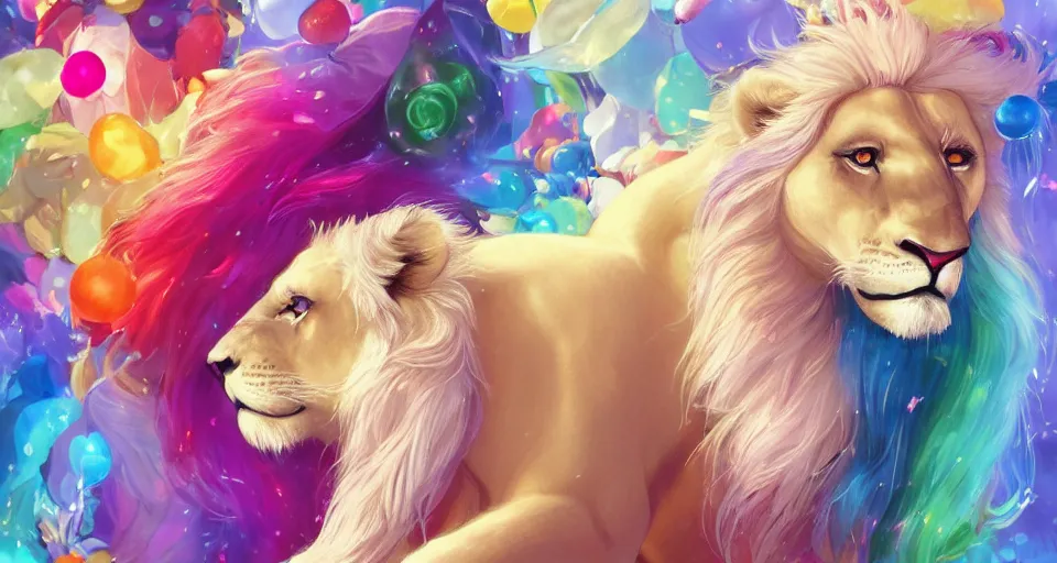 Image similar to aesthetic portrait commission of a albino male furry anthro lion surronded by rainbow confetti at a gay pride festival with his male lion anthro friends, bright and sunny atmosphere, Character design by charlie bowater, ross tran, artgerm, and makoto shinkai, detailed, inked, western comic book art, 2021 award winning painting