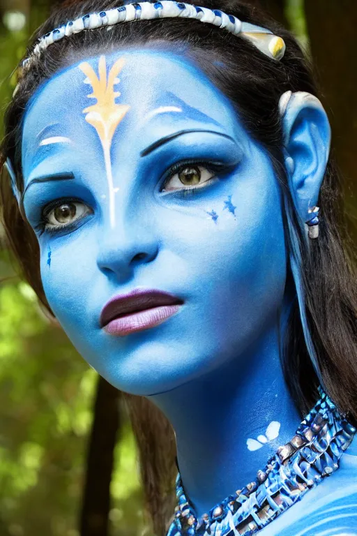 Image similar to a greek woman dressed as a blue-skinned female navi from avatar standing in a forest, blue body paint, high resolution film still, 8k, HDR colors, cosplay, outdoor lighting, high resolution photograph, photo by bruce weber, beautiful symmetric face, beautiful gazing eyes