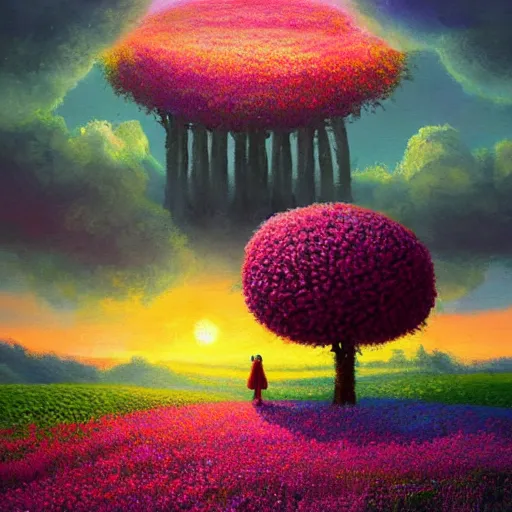 Image similar to flower field becoming a girl with dress and a giant flower as a face, hills, big trees, sunrise dramatic light, impressionist painting, colorful clouds, digital painting, pointillism, artstation, simon stalenhag