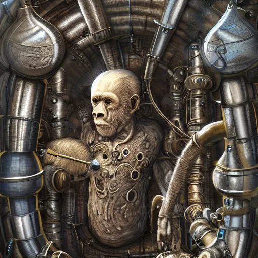 Image similar to Steam computer in ancient time surrounded by apes, highly detailed, highly realistic, artstation, by Hans Giger