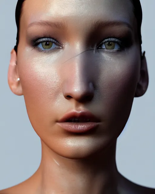 Image similar to a highly detailed metahuman 8 k close up render of bella hadid in iris van herpen with facial accessories made in unreal engine 4