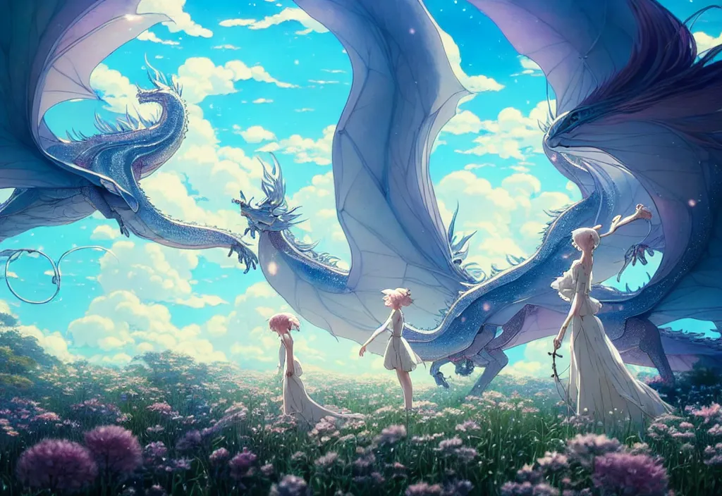 Image similar to the beautiful hyper detailed scene render that a lonely single beautiful girl lies in the arms of a huge silver dragon alone in the fairyland surrounded by white clouds, in the style of makoto shinkai victo ngai and peter mohrbacher studio ghibli artgerm karol bak beeple, cinematic, absolutely beautiful, ultra wide angle, animation style, 8 k hd