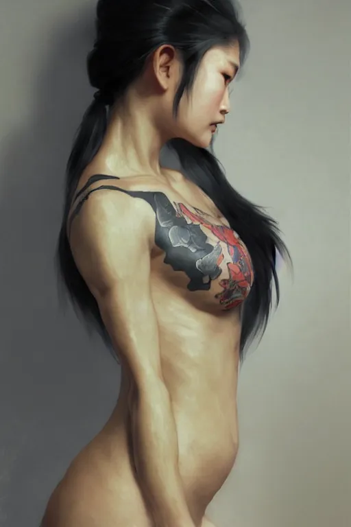 Image similar to portrait of yakuza girl with tattoo, highly detailed, digital art from artstation by Ruan Jia and Mandy Jurgens and Artgerm and william-adolphe bouguereau