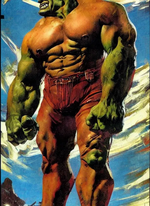 Image similar to full body and head portrait of huge mutant iranian hulk in tattered leather armour, dynamic action, painted by norman rockwell and phil hale and greg staples and tom lovell and frank schoonover and jack kirby